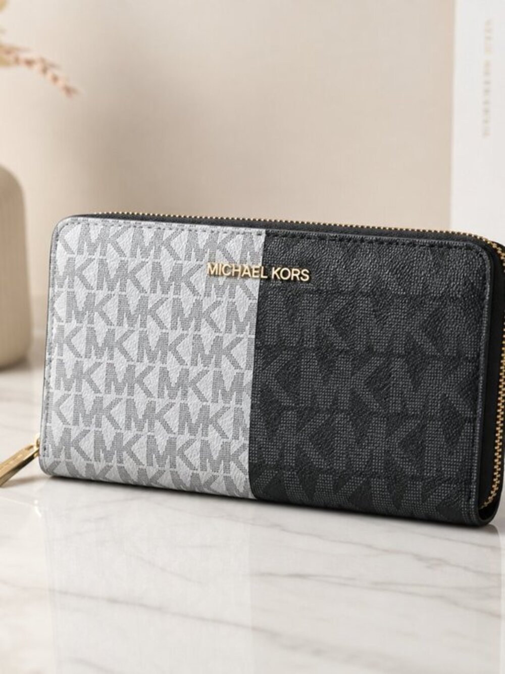 Michael Kors Signature Monogram Zip Wallet Blue Navy NWT
